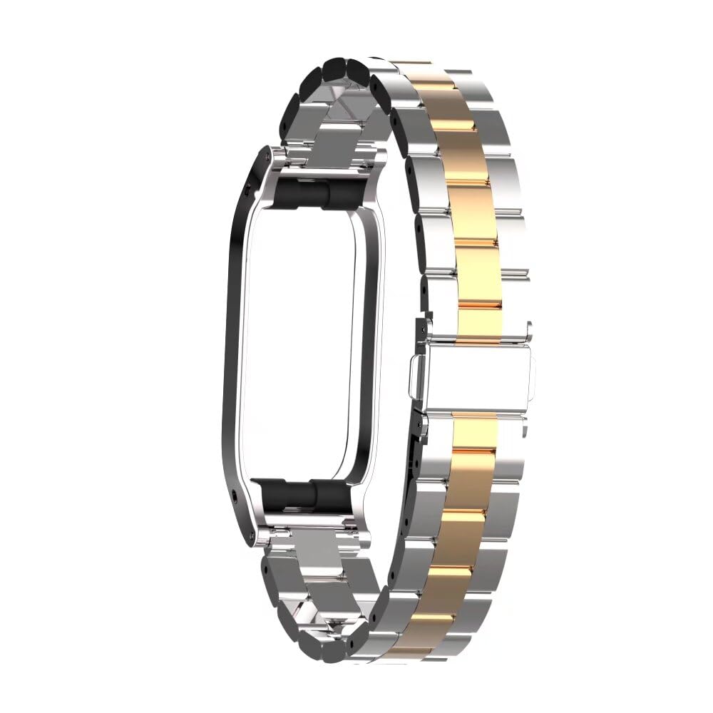 The T-BLUER Fitbit Luxe metal band in hand highlights universal fit compatibility.