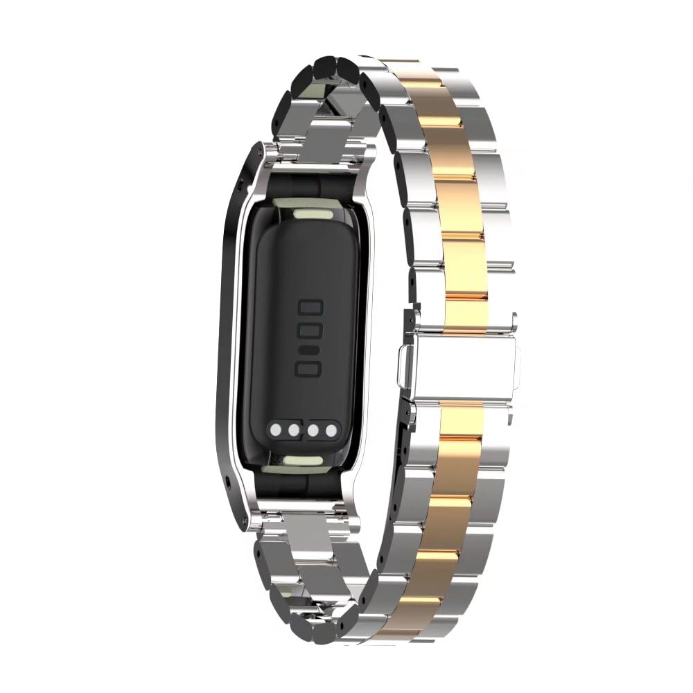 T-BLUER Fitbit Luxe metal band side view shows a slim profile for daily wear.