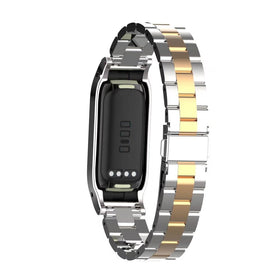 T-BLUER Fitbit Luxe metal band side view shows a slim profile for daily wear.