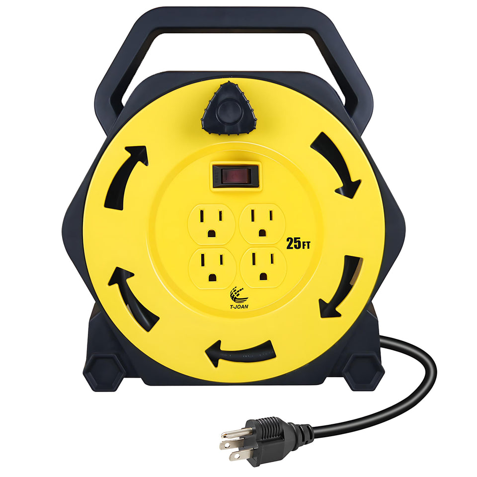 T-JOAN retractable extension cord reel with 25 ft cord for versatile indoor-outdoor use.