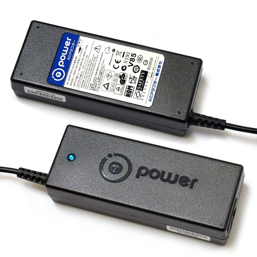 T POWER AC-DC adapter side view showing compact design for space-saving setup.