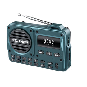 T.TAOMI front view showing turquoise casing and LCD, clear portable listening