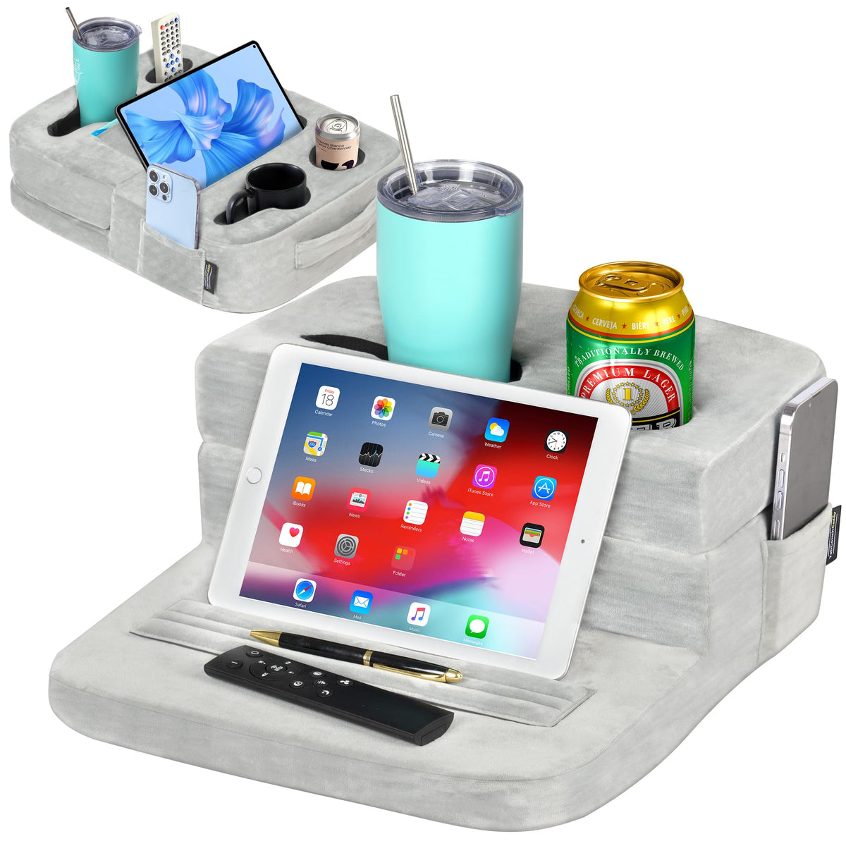 TabCouchCaddy close-up of storage pockets organizing remotes and phones benefit