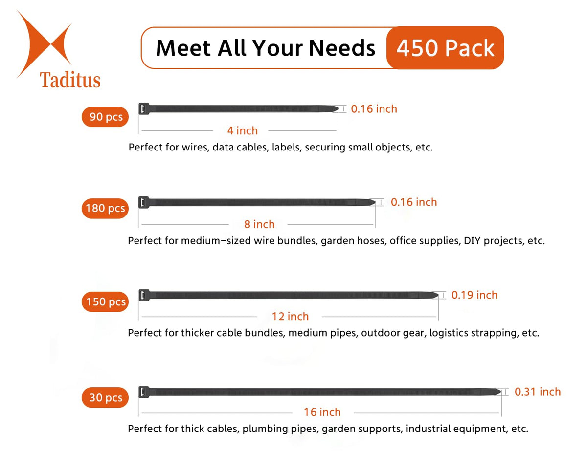 Taditus assorted zip ties laid out by length for easy identification and selection
