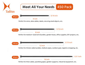 Taditus assorted zip ties laid out by length for easy identification and selection