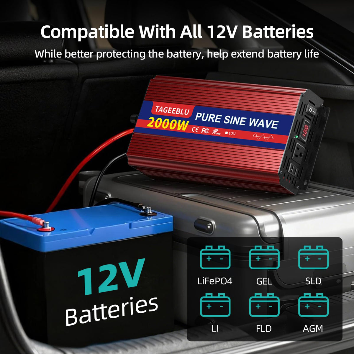 TAGEEBLU inverter LCD readout keeps you informed during off-grid use.