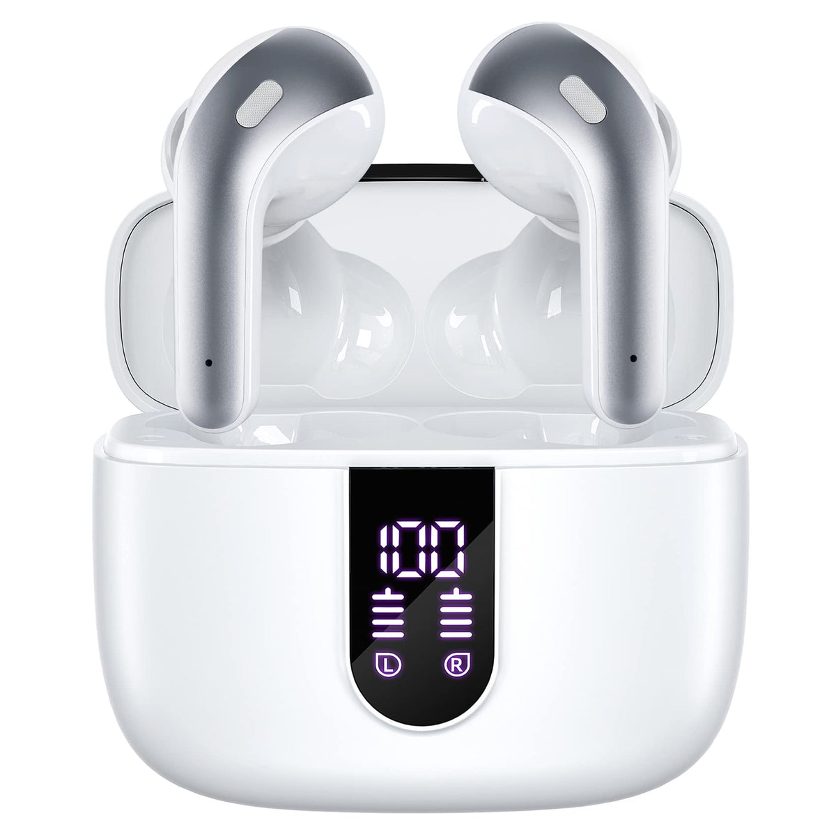 TAGRY front case open showing earbuds and LED power display, quick battery check benefit