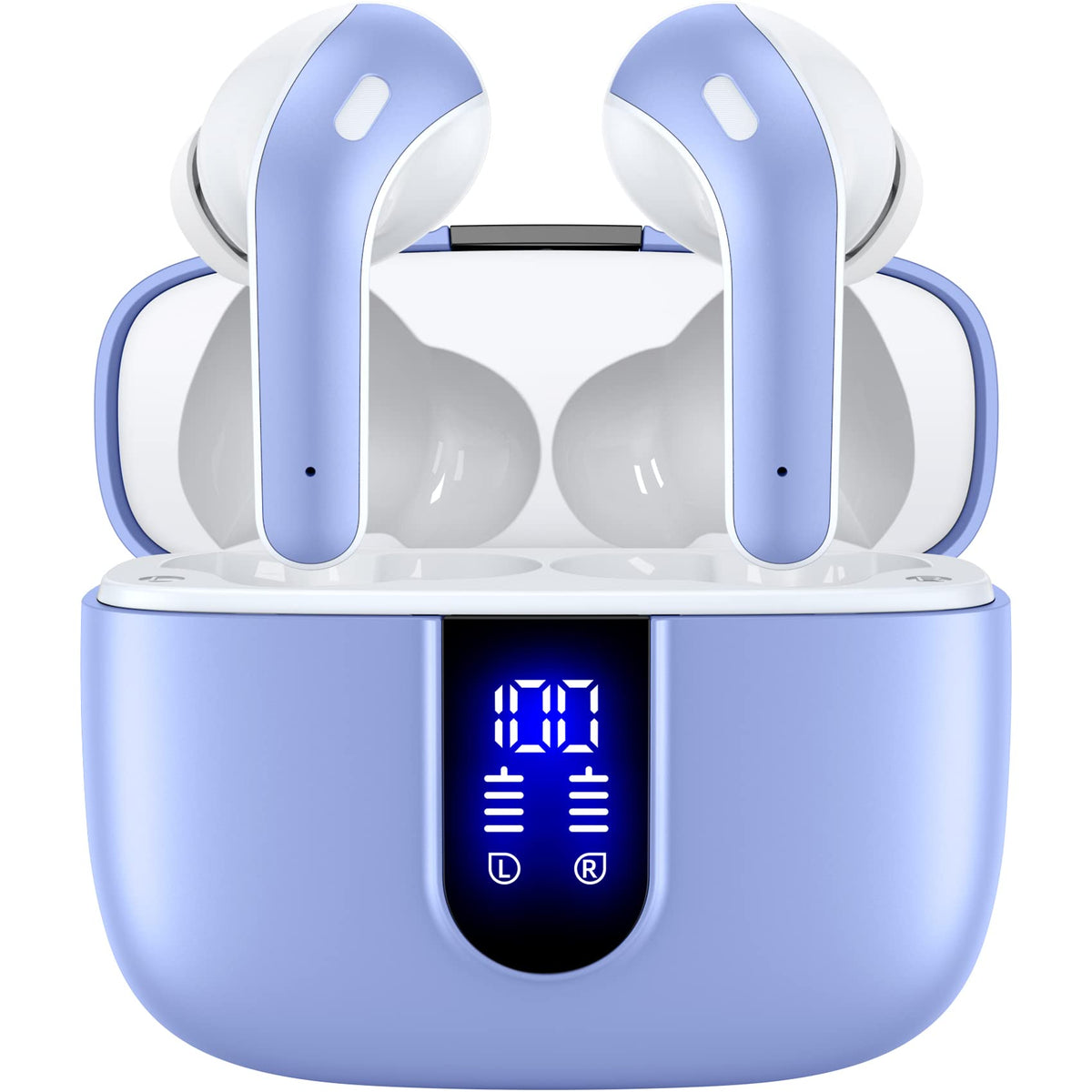 TAGRY front open charging case showing earbuds and LED display for quick battery checks