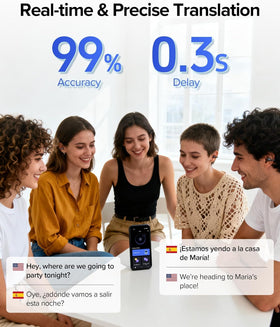 TAGRY H37 translating on smartphone screen showing fast AI real-time translation for travel