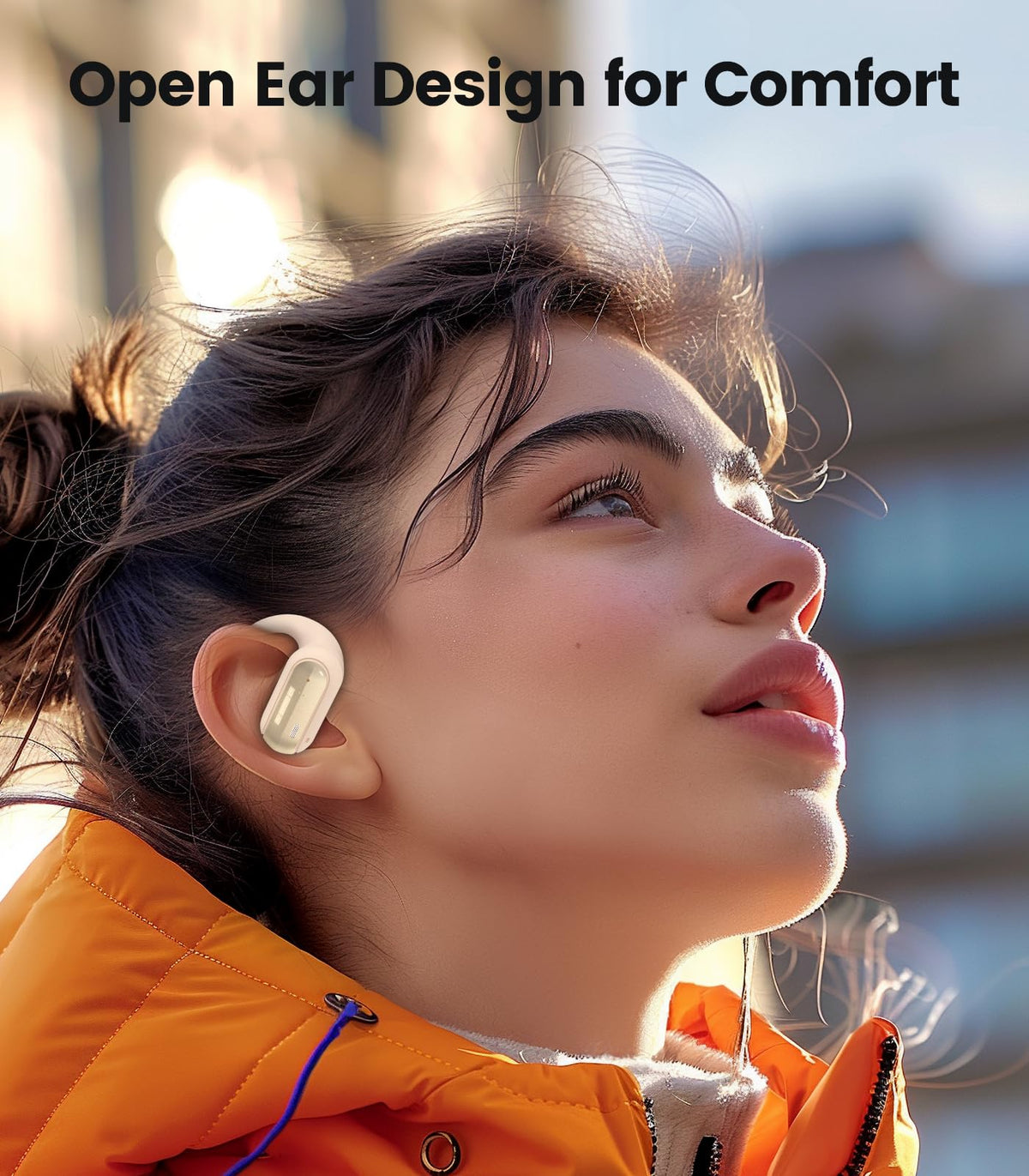 TAGRY beige ergonomic earhooks demonstrating secure wear during workouts
