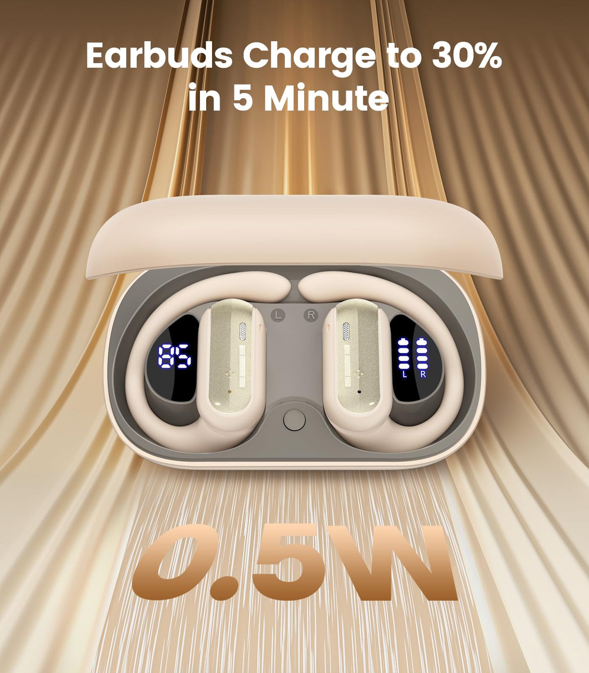 TAGRY beige earbuds in use during running, waterproof and sweat-ready