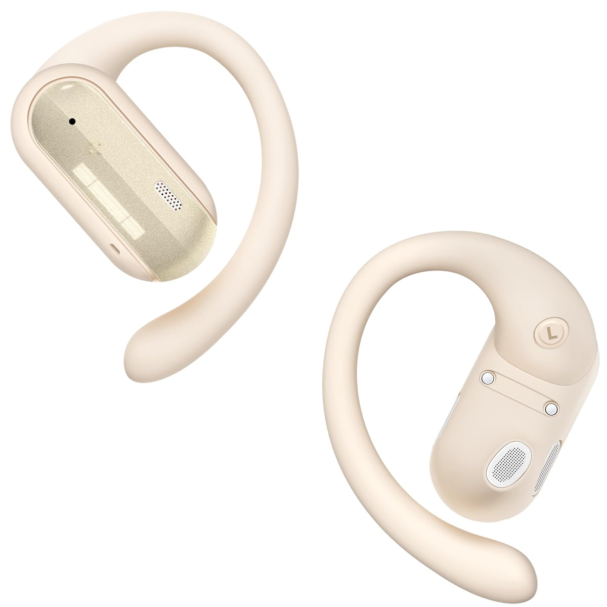 TAGRY beige left earbud in use with secure fit during a workout