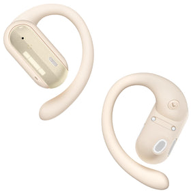 TAGRY beige left earbud in use with secure fit during a workout