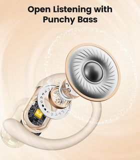 TAGRY beige right earbud showing open-ear design for situational awareness during a jog