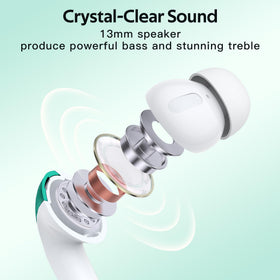 TAGRY earbuds held in hand to show compact size and lightweight benefit