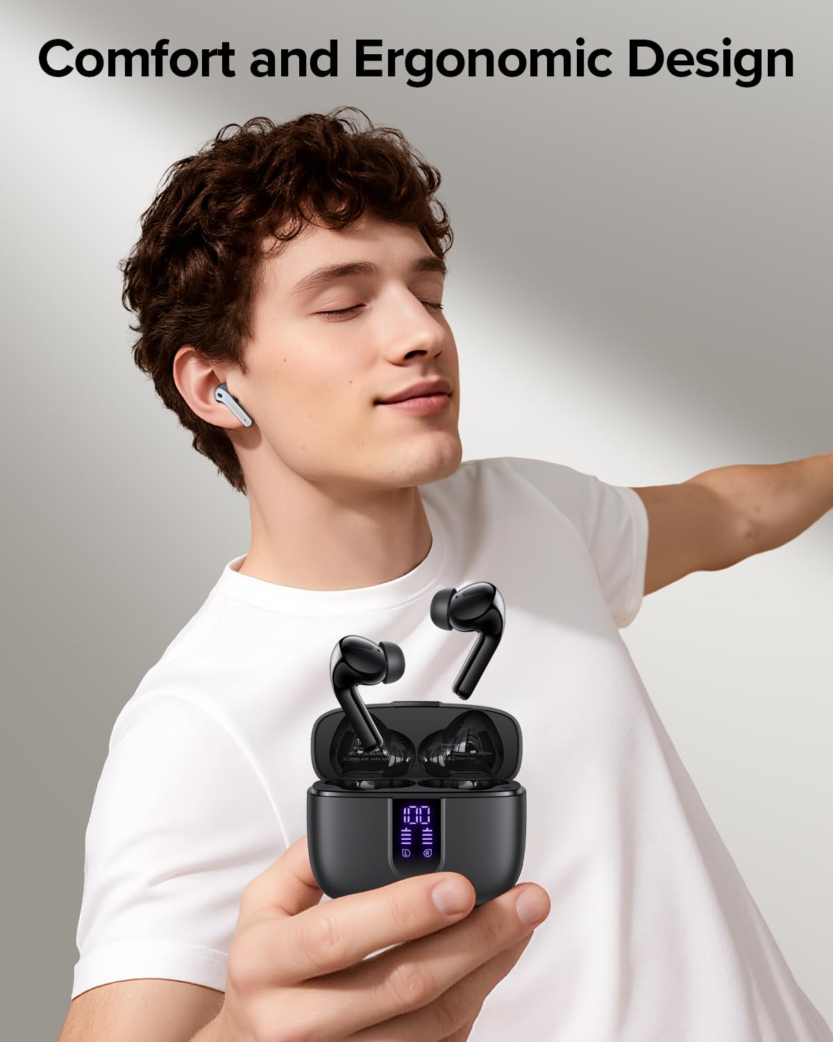 TAGRY X08 close-up showing small earbud shape and mesh driver for clearer sound