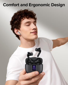 TAGRY X08 close-up showing small earbud shape and mesh driver for clearer sound