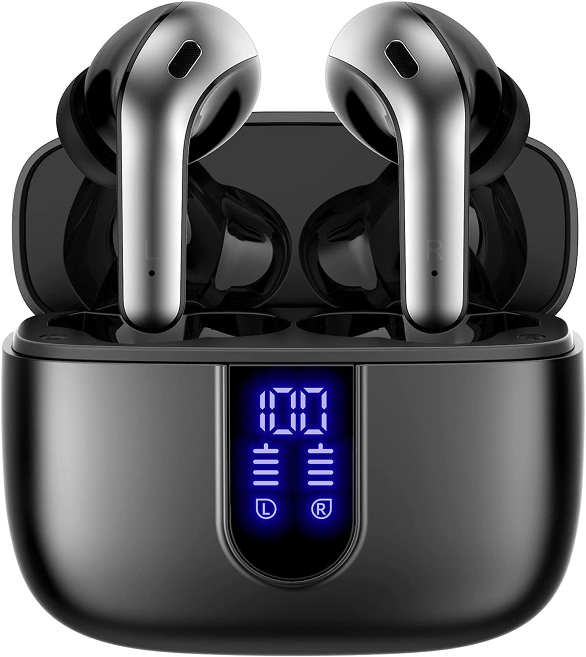 TAGRY X08 front view with open case showing earbuds and LED readout for quick battery checks