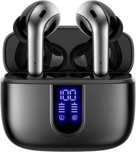 TAGRY X08 front view with open case showing earbuds and LED readout for quick battery checks