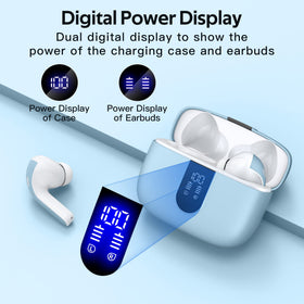 TAGRY charging case open with LED display indicating battery levels
