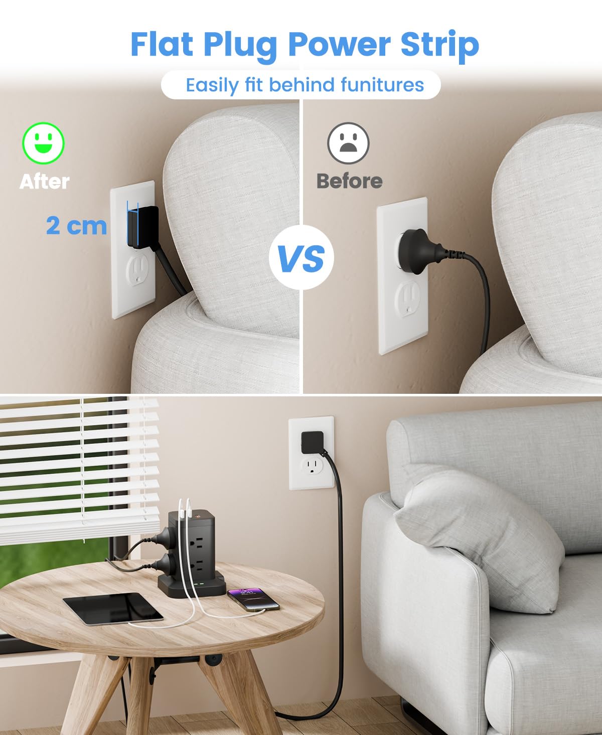 TAGZILO flat plug angled design illustrating low-profile fit behind furniture