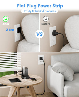 TAGZILO flat plug angled design illustrating low-profile fit behind furniture