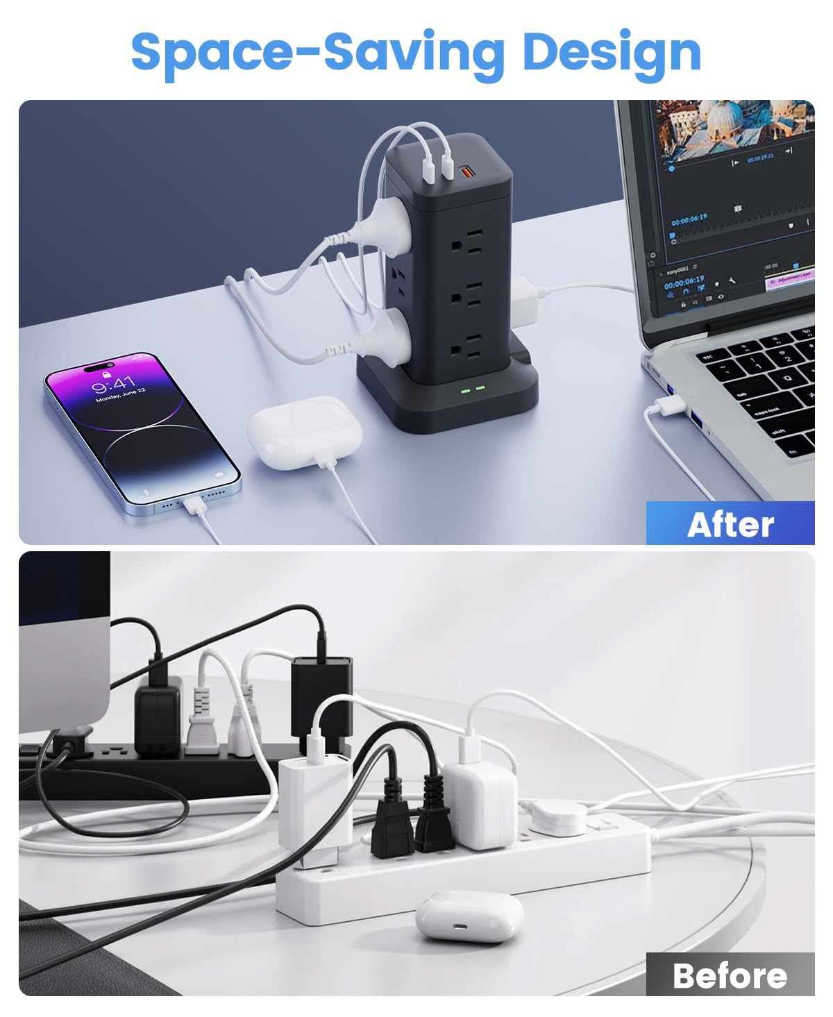 TAGZILO angled flat plug and 9.8ft cord showing easy placement behind furniture