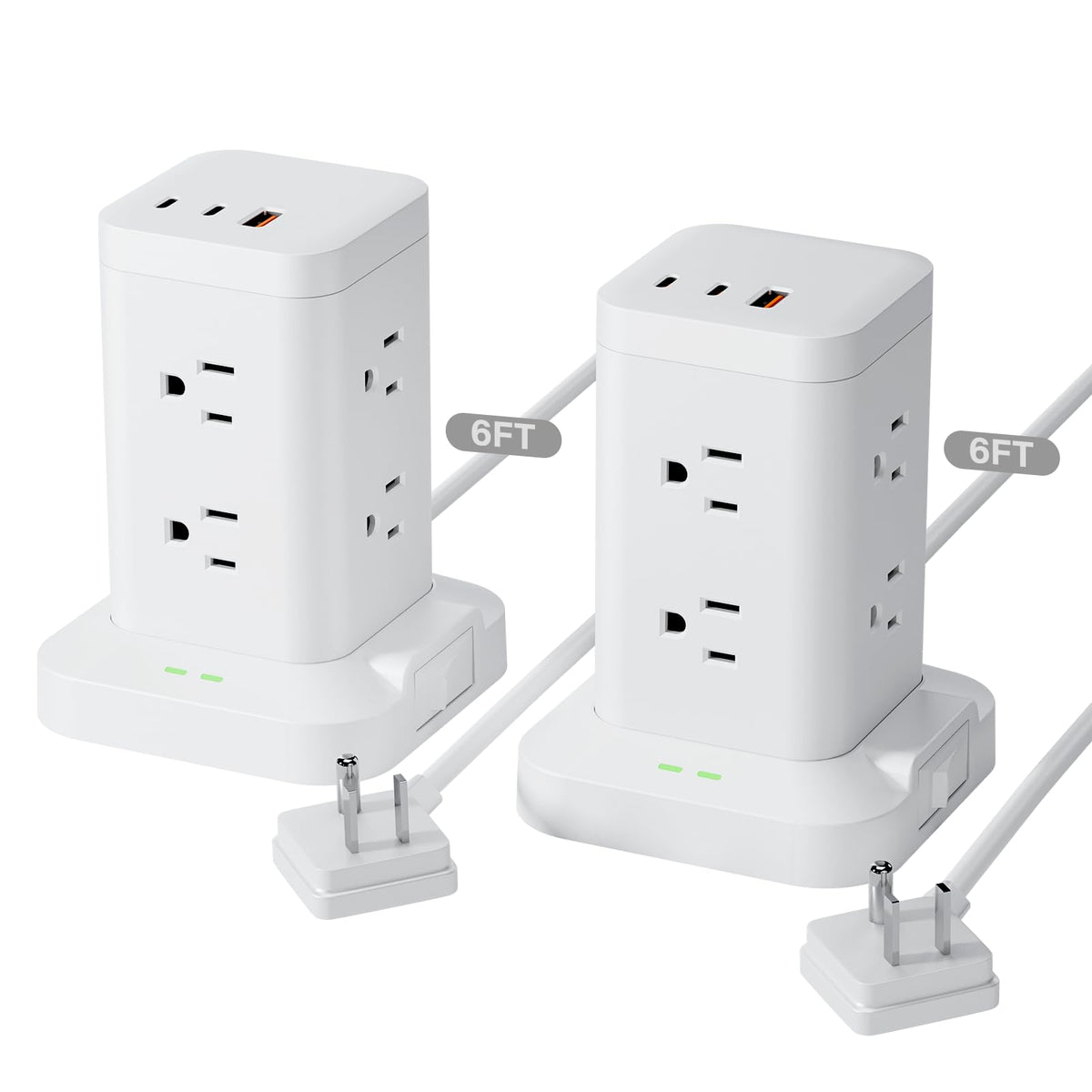 TAGZILO front view of power strip tower showing outlets and compact design for space savings