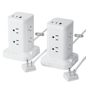 TAGZILO front view of power strip tower showing outlets and compact design for space savings