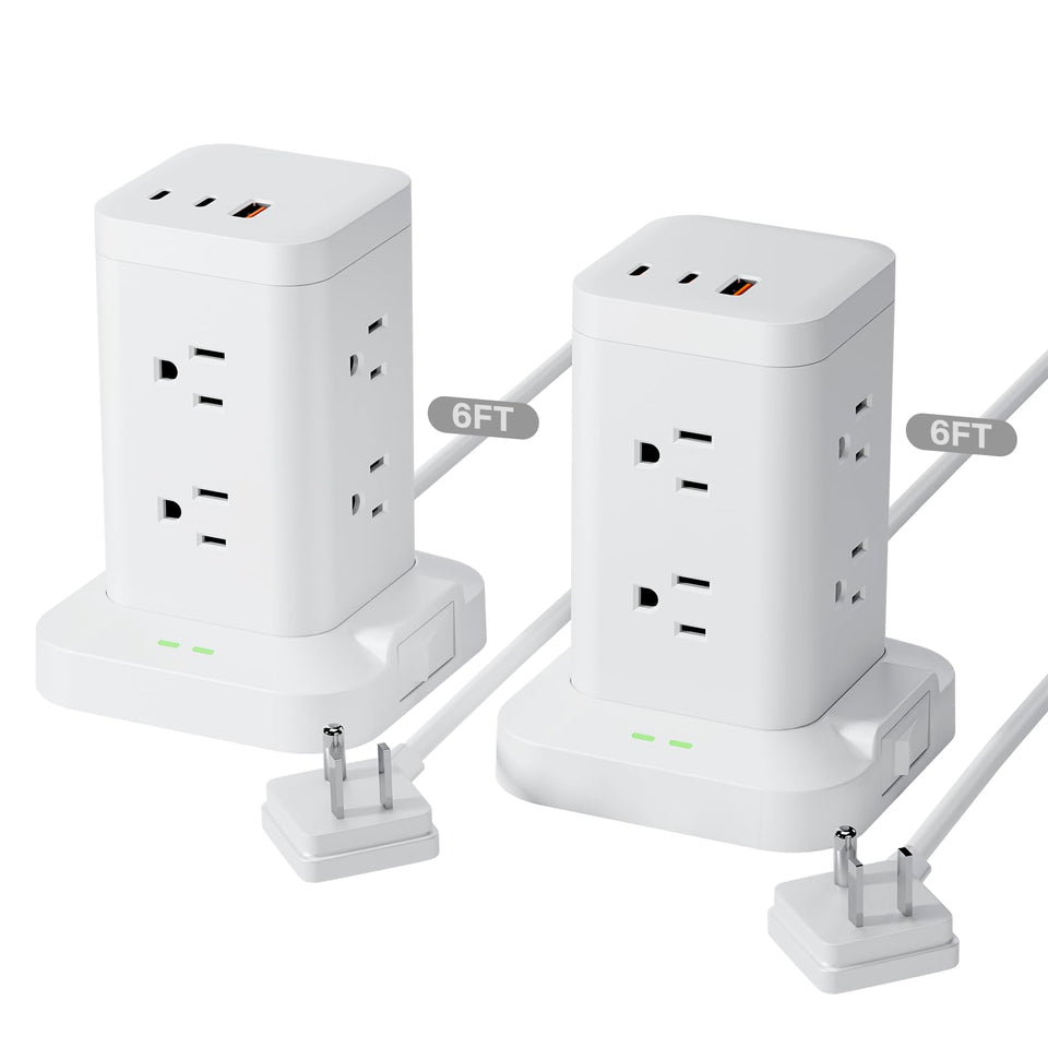 TAGZILO front view of power strip tower showing outlets and compact design for space savings