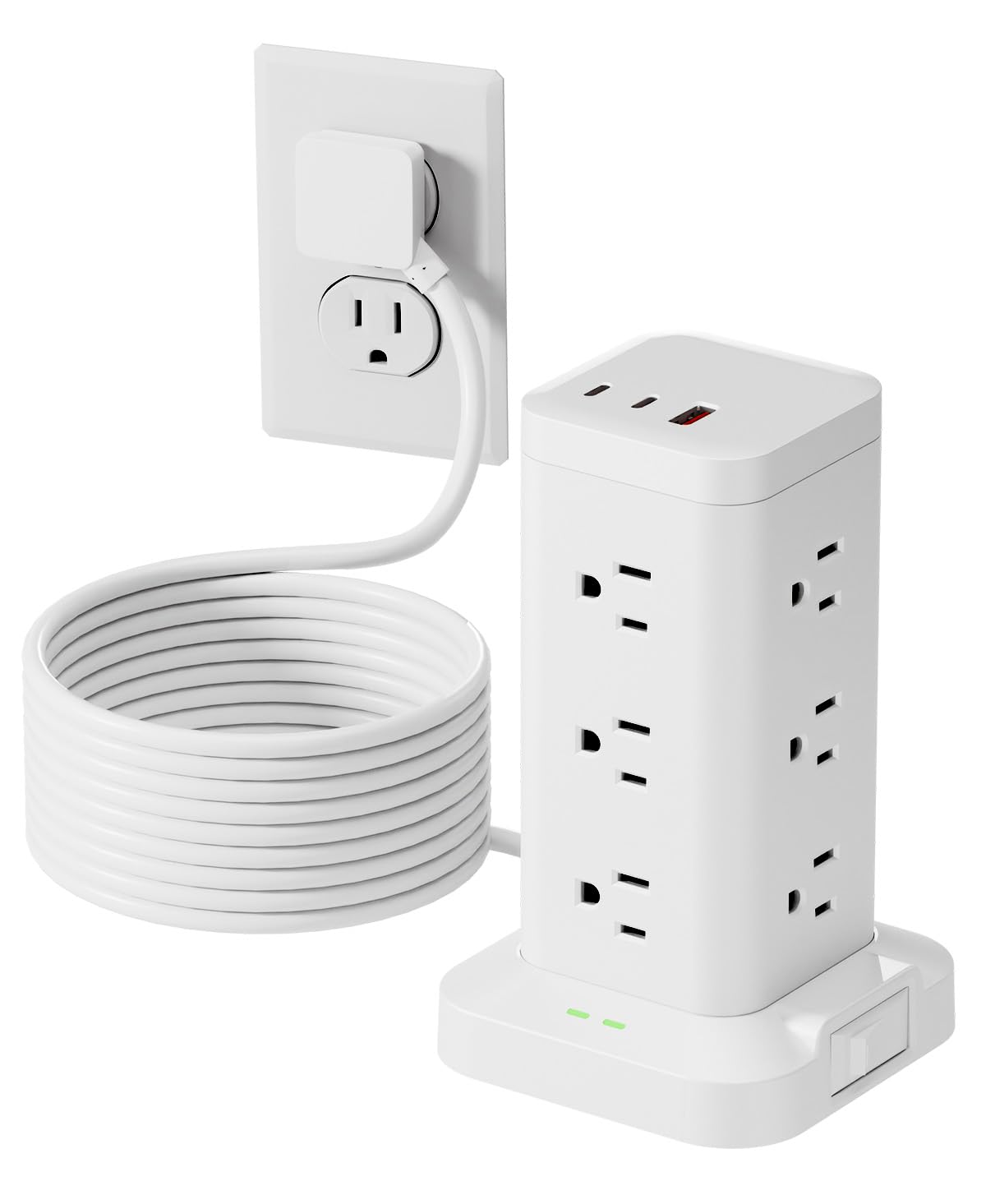 TAGZILO front view of power tower showing outlets and vertical design for space saving