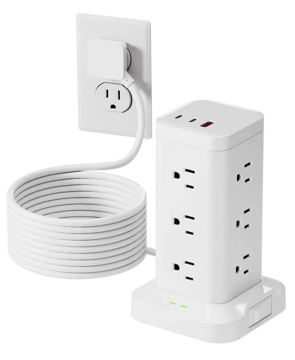 TAGZILO front view of power tower showing outlets and vertical design for space saving