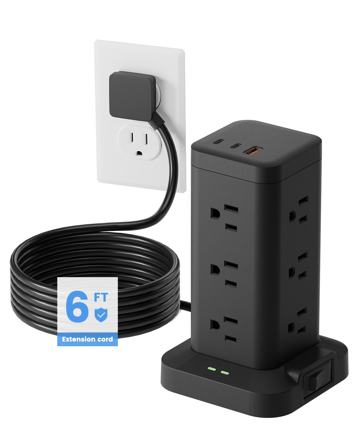 TAGZILO front view showing vertical 12 AC outlets and space-saving design
