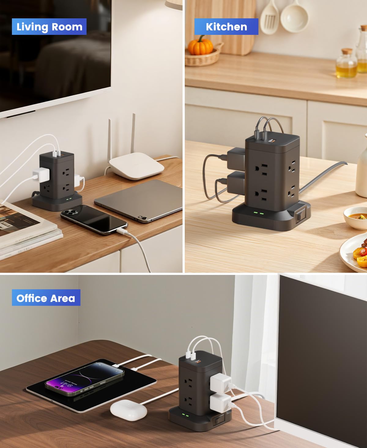 TAGZILO in-use desk setup with multiple devices plugged in for organized power