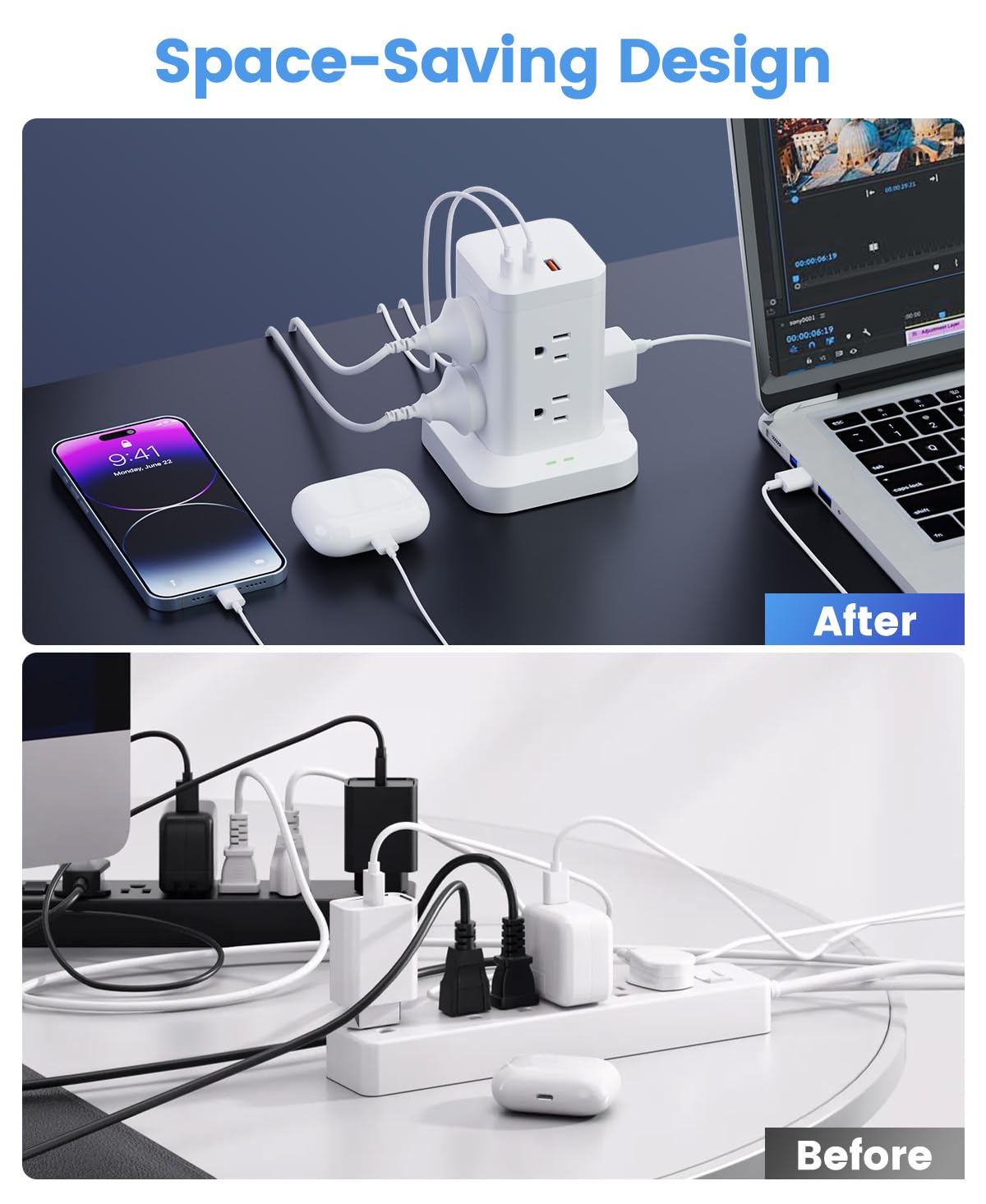 TAGZILO tower powering laptop and phone on desk demonstrating workspace organization
