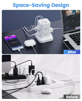 TAGZILO tower powering laptop and phone on desk demonstrating workspace organization