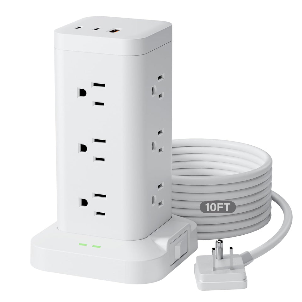TAGZILO power strip tower with 12 outlets keeps devices organized at a desk.