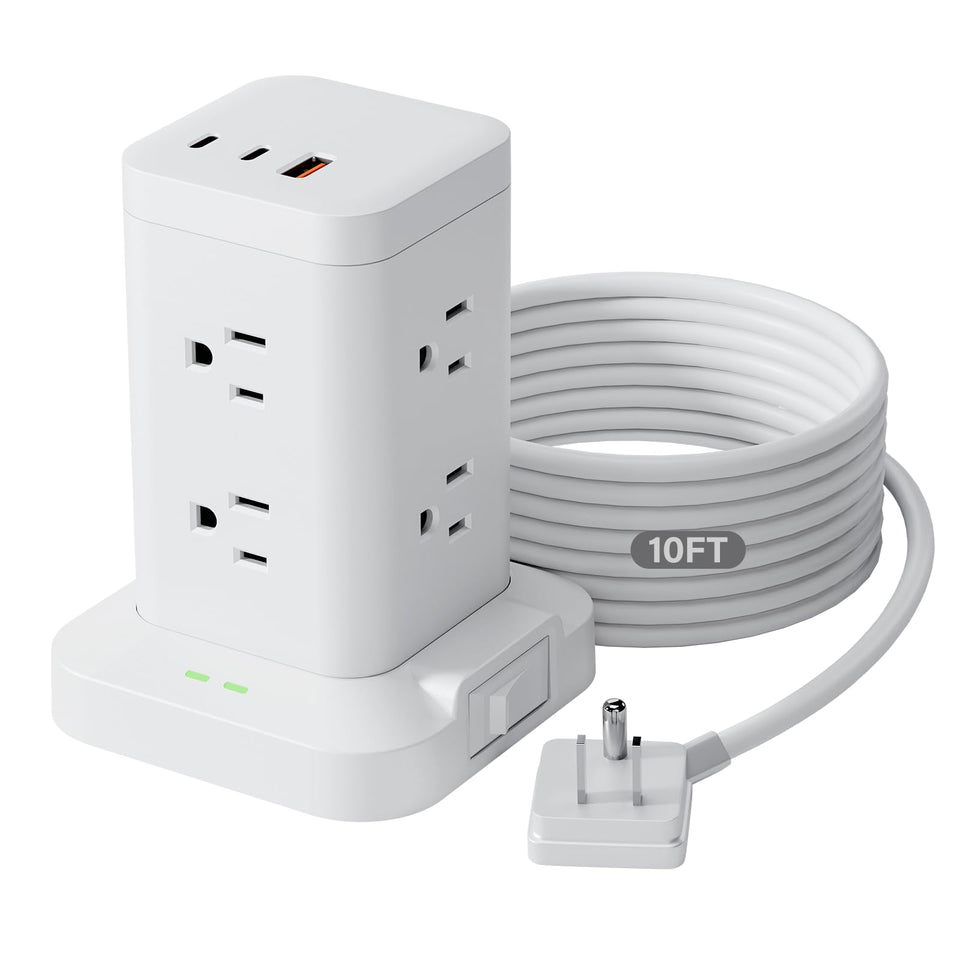 TAGZILO power strip tower with eight outlets keeps your desk organized.
