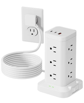 TAGZILO front view of tower showing 12 AC outlets and white finish for space savings