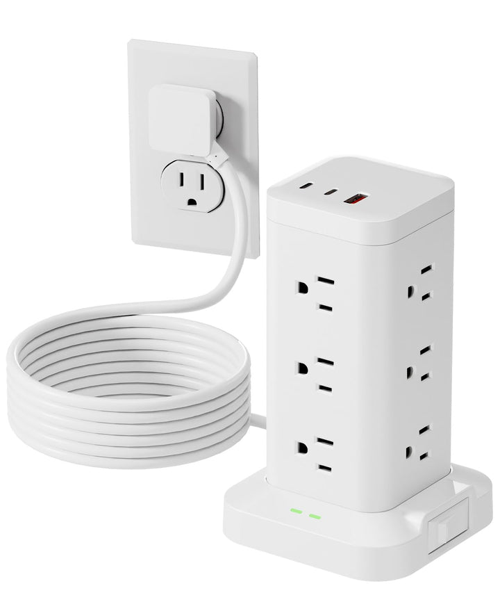 TAGZILO front view of tower showing 12 AC outlets and white finish for space savings