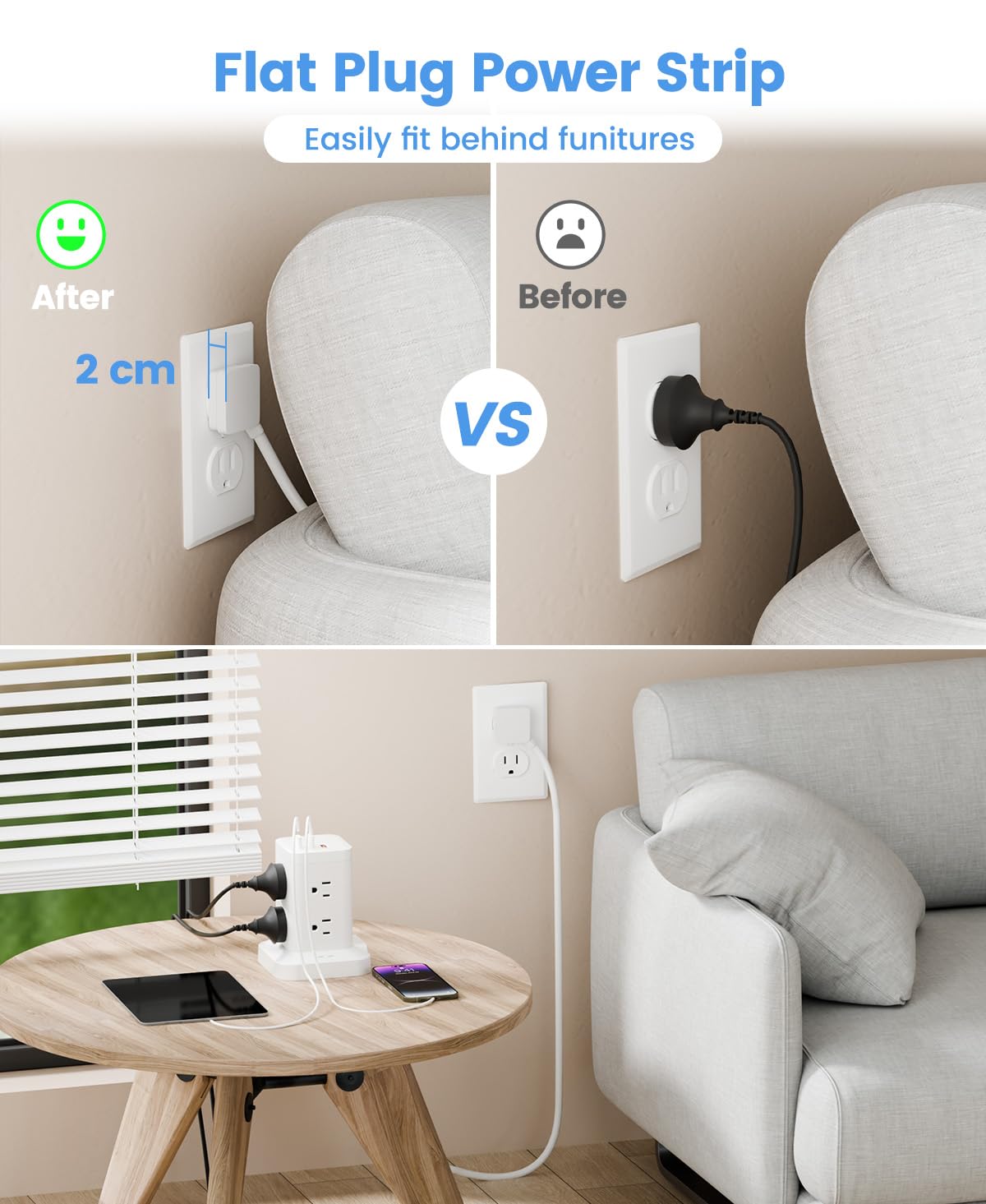 TAGZILO side view highlighting stacked AC sockets for multiple device connections