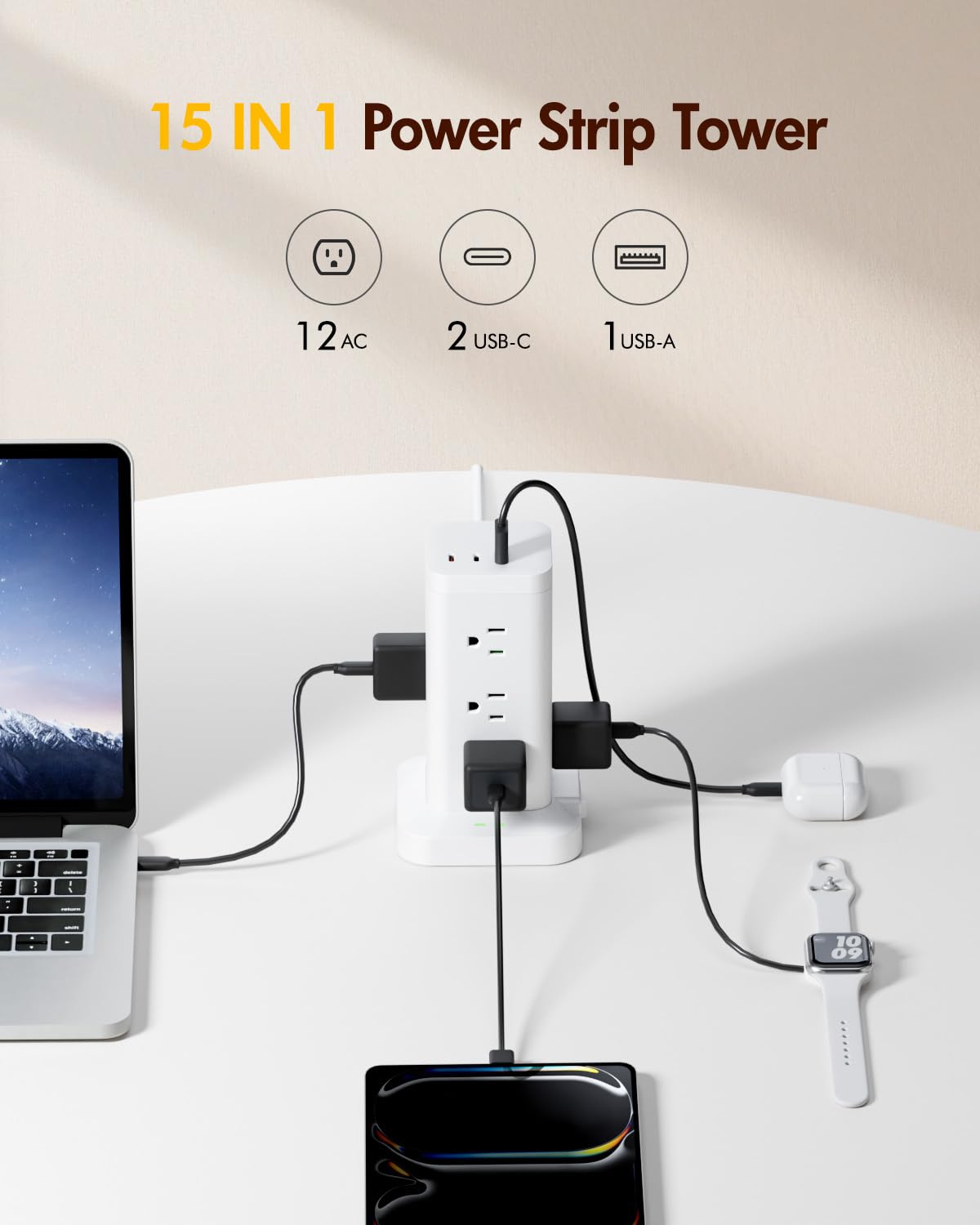 TAGZILO top view highlighting 12 AC outlet layout for organized plugs