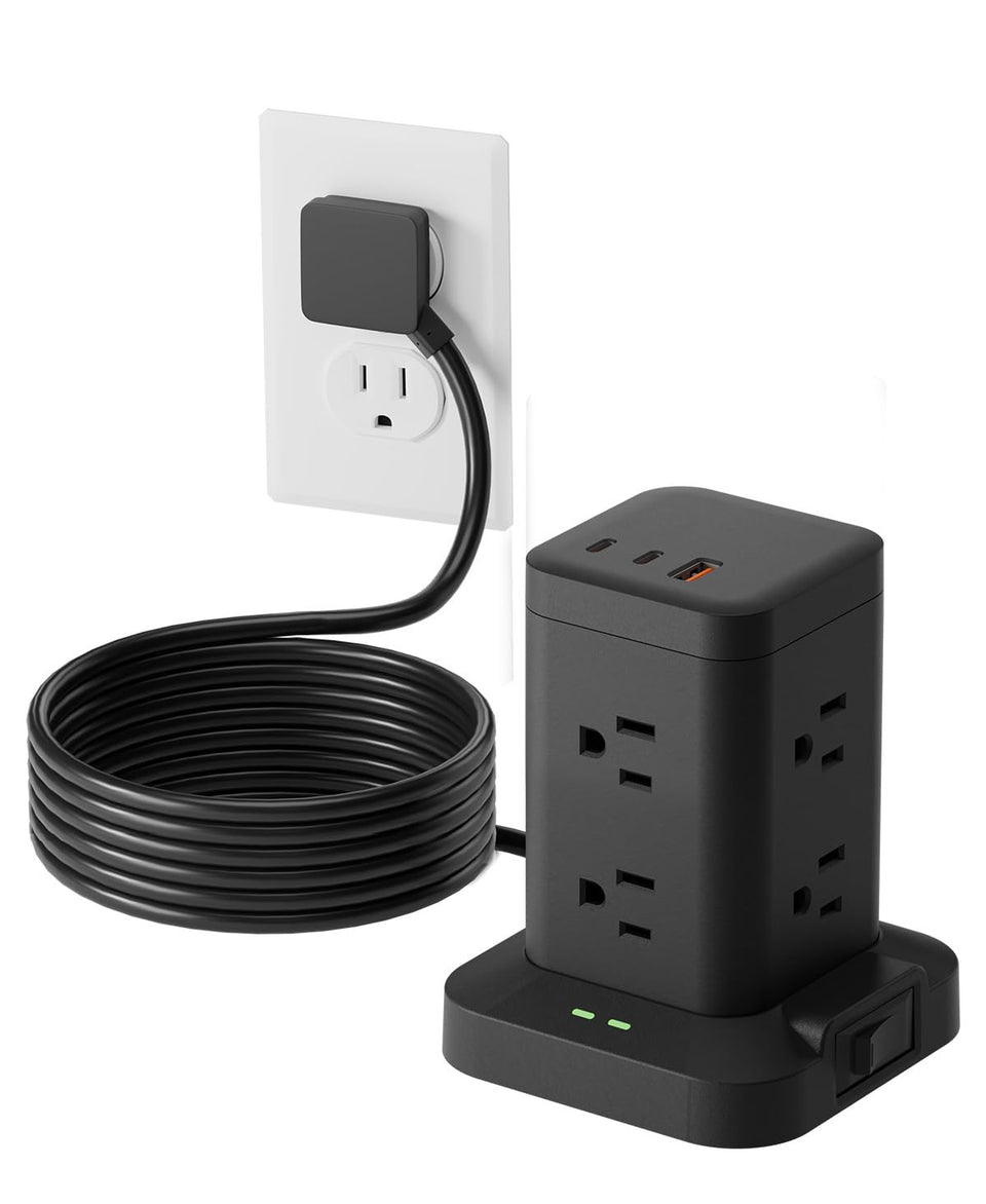TAGZILO tower front view showing outlets and USB ports for space-saving charging