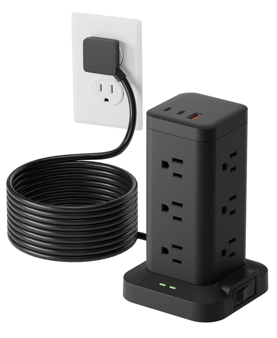 TAGZILO front view of tower showing 12 outlets and USB ports for neat power access