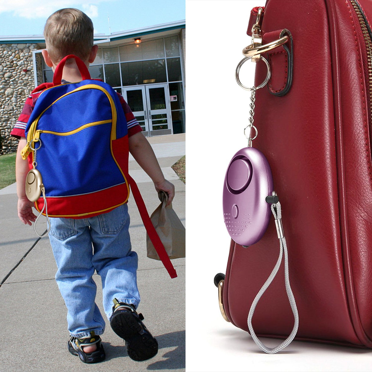 Taiker personal alarm attached to a keychain illustrates quick access on bags or belts.