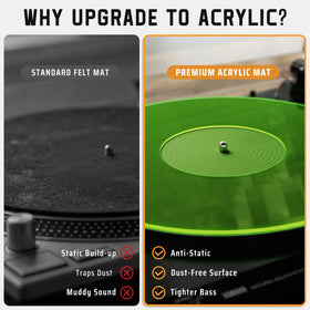 TAKMORK Acrylic platter damping — reduces resonance for tighter bass and smoother background.