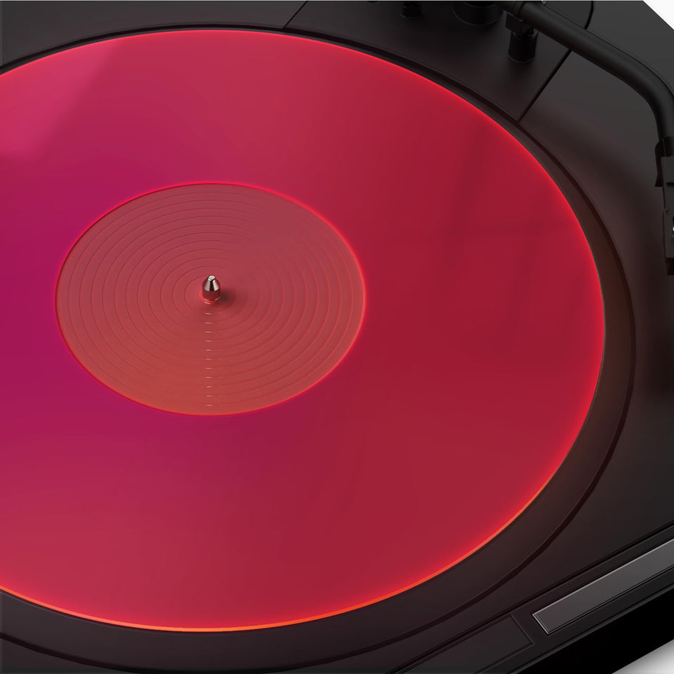 TAKMORK pink acrylic slipmat close-up showing precision for clearer bass and quieter playback.