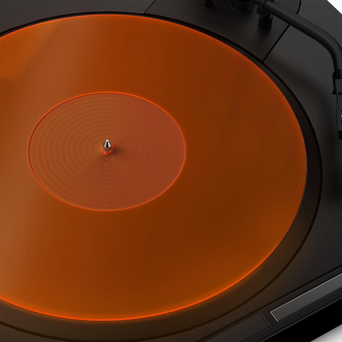 TAKMORK turntable mat in orange glow enhances aesthetic and stability.