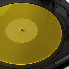 TAKMORK turntable slipmat yellow acrylic enhances audio clarity and bass tightness.