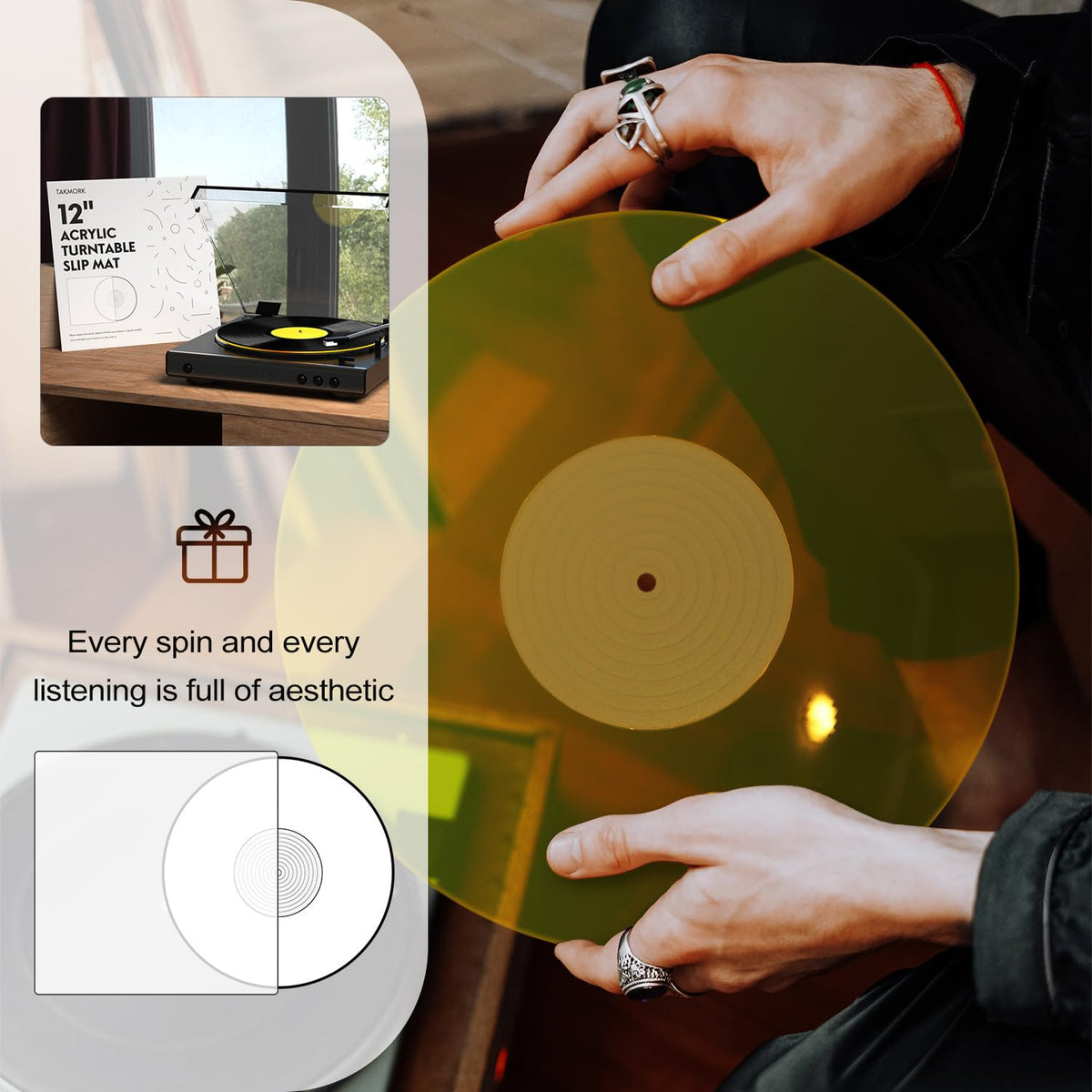 TAKMORK yellow acrylic platter mat brightens any setup while preserving sound quality.
